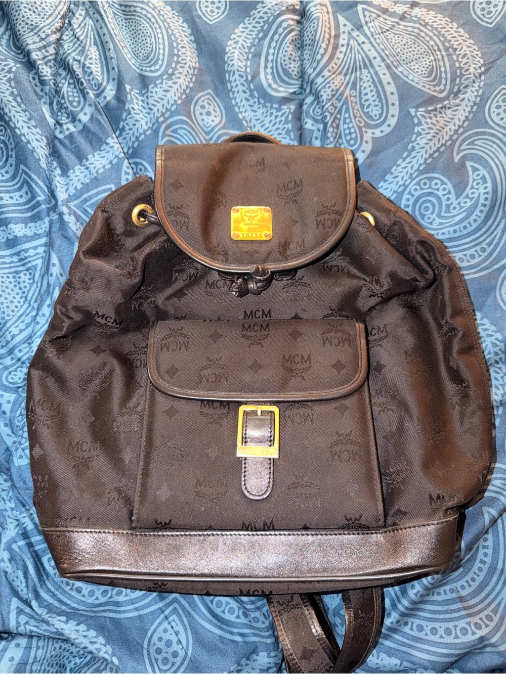 MCM Black Monogram Nylon Backpack with Gold Accents-Excellent Condition.